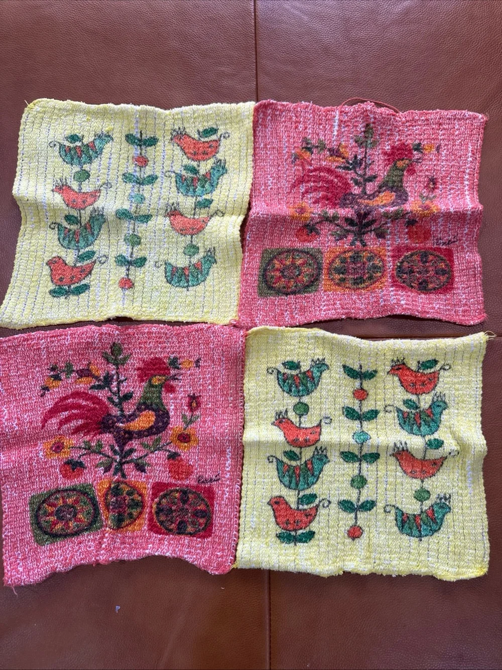 Vintage Swedish Style Printed Knit Dishcloths Lot of 4 Bird/Rooster 10x10